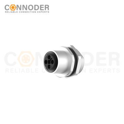 M12 T coded Female Circular Connector-Panel Mount,Solder Connection,M16x1.5, Rear Fastened