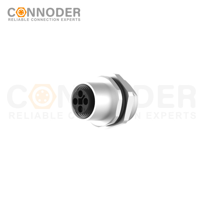 M12 T coded Female Circular Connector-Panel Mount,Solder Connection,M16x1.5, Rear Fastened