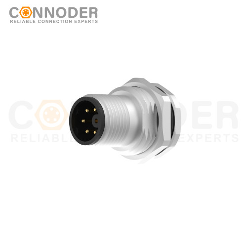 M12 M Coded Male 4+PE Circular Connector-Panel Mount,Solder Connection,M16x1.5, Front Fastened