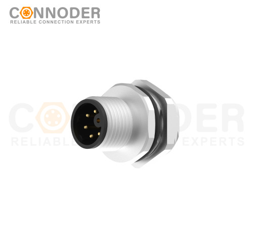 M12 M Coded Male 4+PE Circular Connector-Panel Mount,Solder Connection,M16x1.5, Rear Fastened