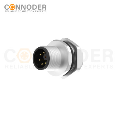 M12 M Coded Male 4+PE Circular Connector-Panel Mount,Solder Connection,M16x1.5, Rear Fastened