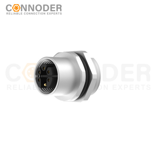M12 M Code Female 4+PE Circular Connector-Panel Mount,Solder Connection,M16x1.5, Rear Fastened