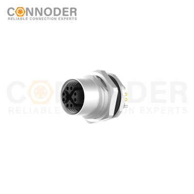 M12 X Code Female Circular Connector-Panel Mount,Solder Connection,M16x1.5, Front Fastened