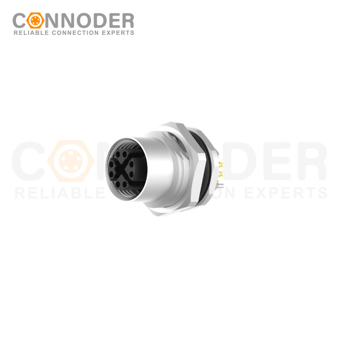 M12 X Code Female Circular Connector-Panel Mount,Solder Connection,M16x1.5, Front Fastened
