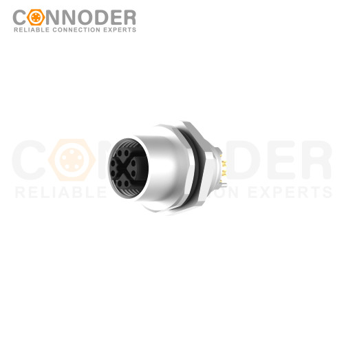 M12 X Code Female Circular Connector-Panel Mount,Solder Connection,M16x1.5, Rear Fastened