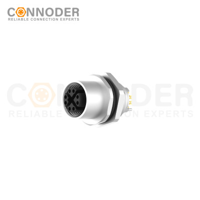 M12 X Code Female Circular Connector-Panel Mount,Solder Connection,M16x1.5, Rear Fastened