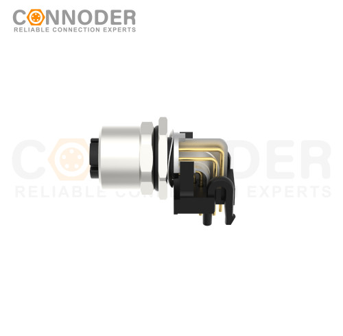 M12 X Coded Female Angle Circular Connector-Panel Mount, PCB Dip-solder Connection,Front Fastened,M12x1.0,