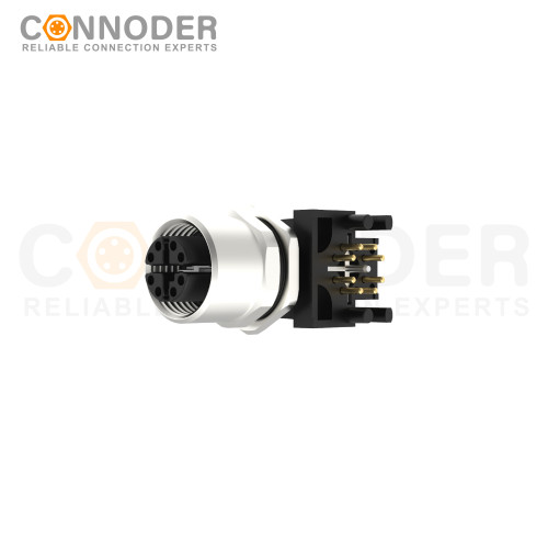 M12 X Coded Female Angle Circular Connector-Panel Mount, PCB Dip-solder Connection,Front Fastened,M12x1.0,
