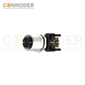 M12 X Coded Female Angle Circular Connector-Panel Mount, PCB Dip-solder Connection,Front Fastened,M12x1.0,