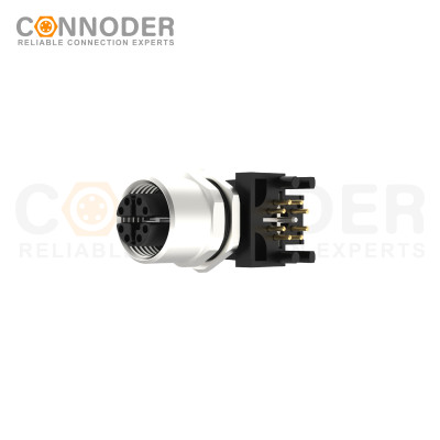 M12 X Coded Female Angle Circular Connector-Panel Mount, PCB Dip-solder Connection,Front Fastened,M12x1.0,