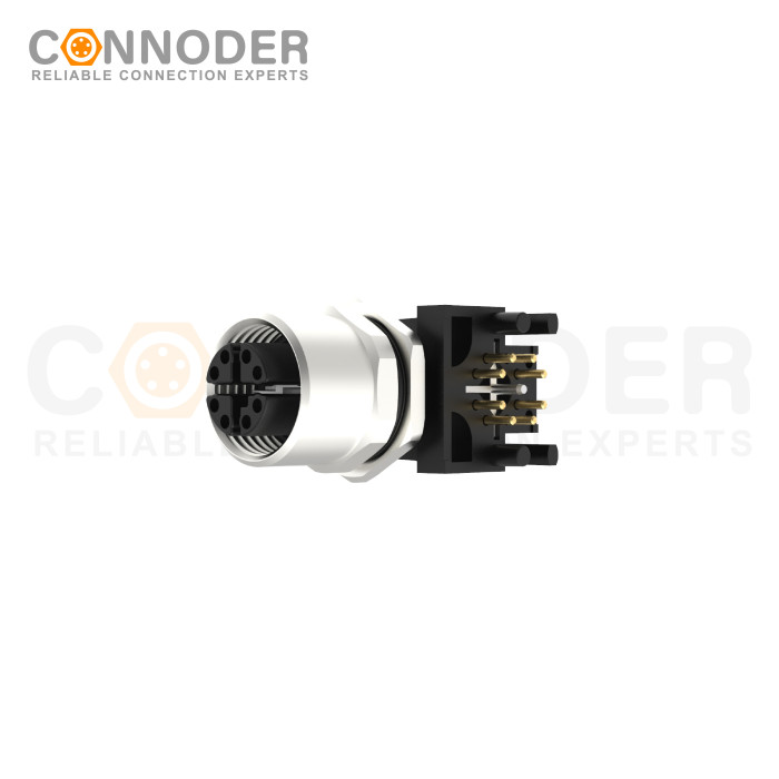 M12 X Coded Female Angle Circular Connector-Panel Mount, PCB Dip-solder Connection,Front Fastened,M12x1.0,