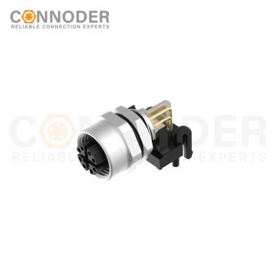 M12 X Coded Female Angle Circular Connector-Panel Mount, PCB Dip-solder Connection,Rear Fastened,M12x1.0,