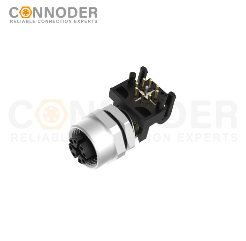 M12 X Coded Female Angle Circular Connector-Panel Mount, PCB Dip-solder Connection,Rear Fastened,M12x1.0,