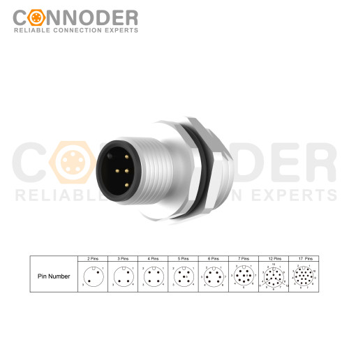 M12 A 5 Pin Circular Connector | Male Panel Mount,Solder Connection,A code,M16x1.5 For Rear Fastened