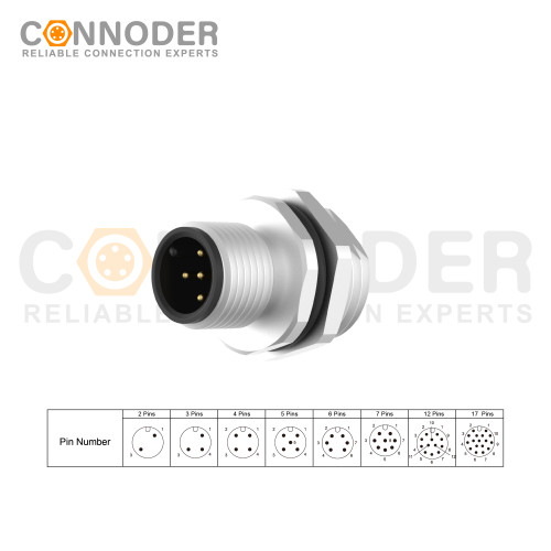 M12 A 5 Pin Circular Connector | Male Panel Mount,Solder Connection,A code,M16x1.5 For Rear Fastened