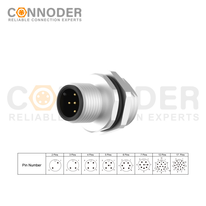 M12 A 5 Pin Circular Connector | Male Panel Mount,Solder Connection,A code,M16x1.5 For Rear Fastened