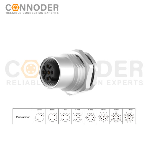 Source Factory M12 A Circular Connector | 5 Pin Panel Mount,PCB Dip-solder Connection,A code,M16x1.5, Front Fastened