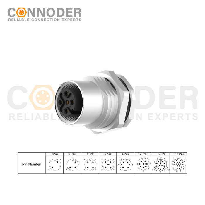 Source Factory M12 A Circular Connector | 5 Pin Panel Mount,PCB Dip-solder Connection,A code,M16x1.5, Front Fastened