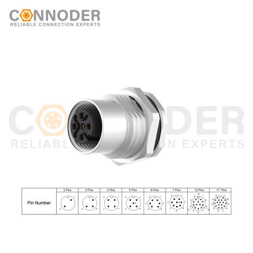 Source Factory M12 A Circular Connector | 5 Pin Panel Mount,PCB Dip-solder Connection,A code,M16x1.5, Front Fastened