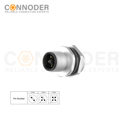 High-Quality M12 T Coded Male 2+PE Circular Connector | OEM & ODM Wholesale, Panel Mount, Solder Connection, M16x1.5, Rear Fastened - Tailored for Distributors and Bulk Buyers
