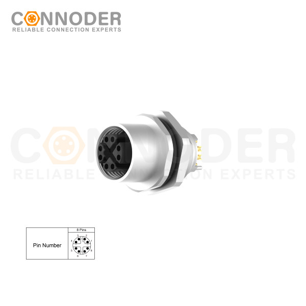 M12 X Coded Female 8 Pin Circular Connector - Wholesale Panel Mount, Solder Connection, M16x1.5 Rear Fastened | OEM/ODM Solutions for Industrial and Sensor Applications
