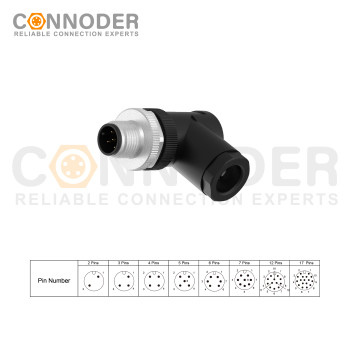 M12 Field Wireable 5 Pin Right angle Male Connector | 5 Pin Male Field Wireable,Screw Connection,A code,PG9