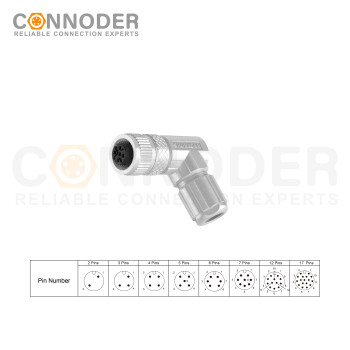 Right Angle Female M12 A Code 8 Pin Connector | 8 Pin Metal Assembled,Field Wireable,Solder Connection,A code,Shielded