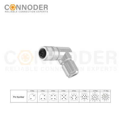 Right Angle Female M12 A Code 8 Pin Connector | 8 Pin Metal Assembled,Field Wireable,Solder Connection,A code,Shielded