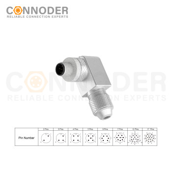 M12 Field Wireable Right Angle Male Connector | 5 Pin Male Metal Assembled,Field Wireable,Screw Connection,A code,Shielded,PG7