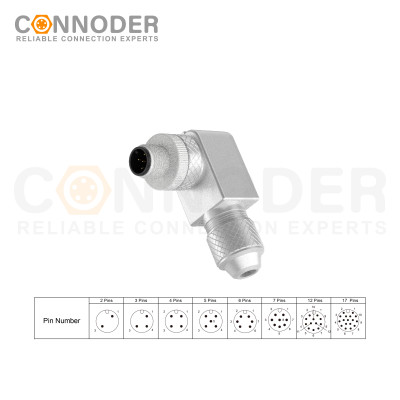 M12 Field Wireable Right Angle Male Connector | 5 Pin Male Metal Assembled,Field Wireable,Screw Connection,A code,Shielded,PG7