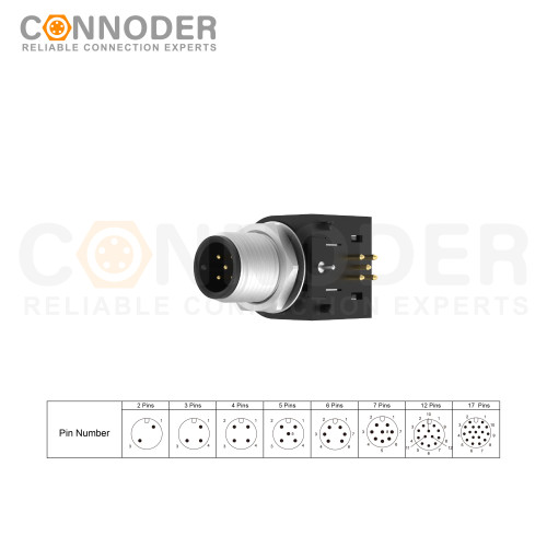 M12 3 Pin Pole Female Circular Connector PCB | Male Rear Mount Sockets, PCB Dip-solder Connection,A code,M15x1