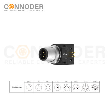 M12 3 Pin Pole Male Circular Connector PCB | Male Rear Mount Sockets, PCB Dip-solder Connection,A code,M15x1