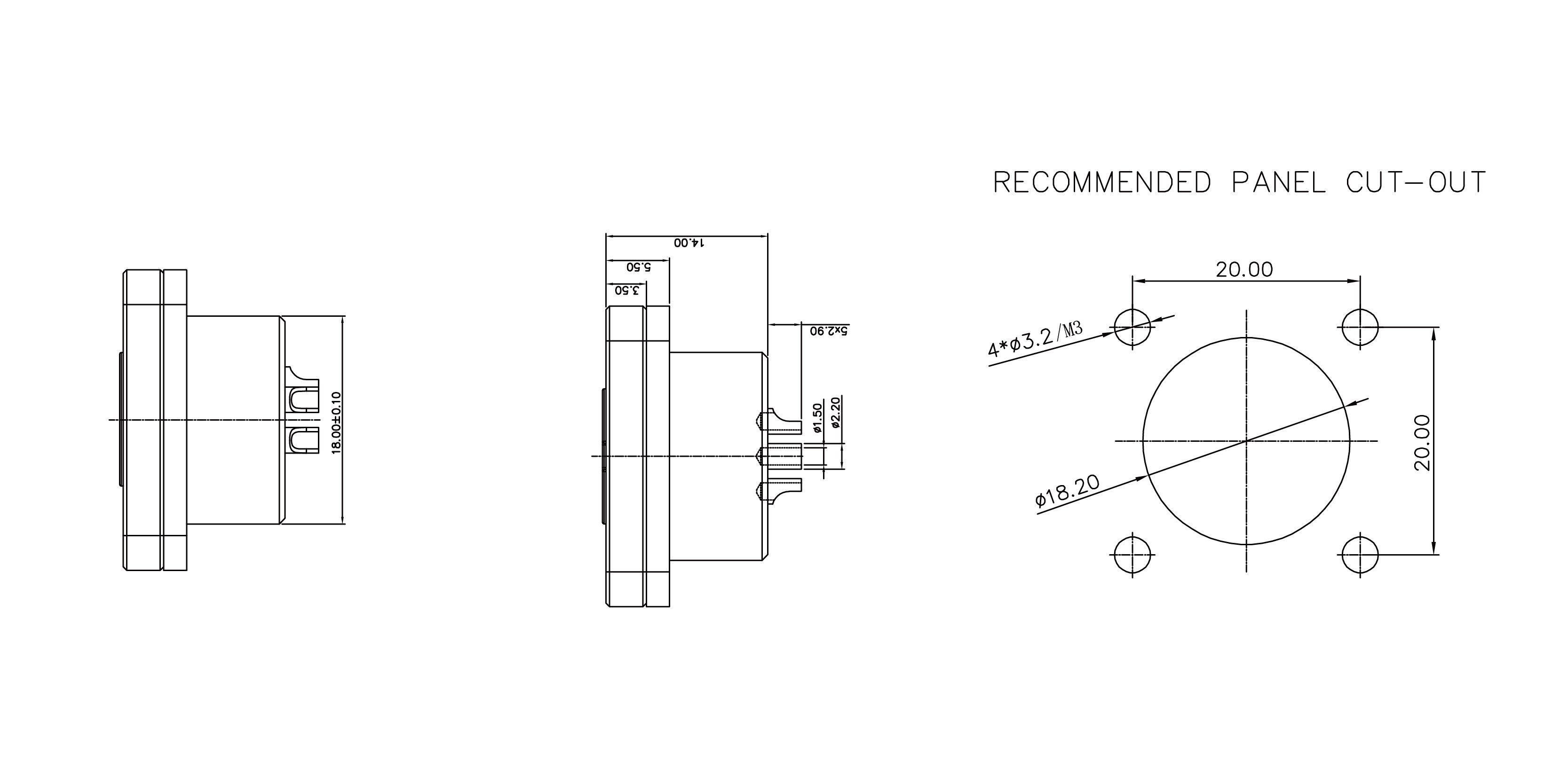 M16  Square Flange Socket Female Connectorr Size diagram