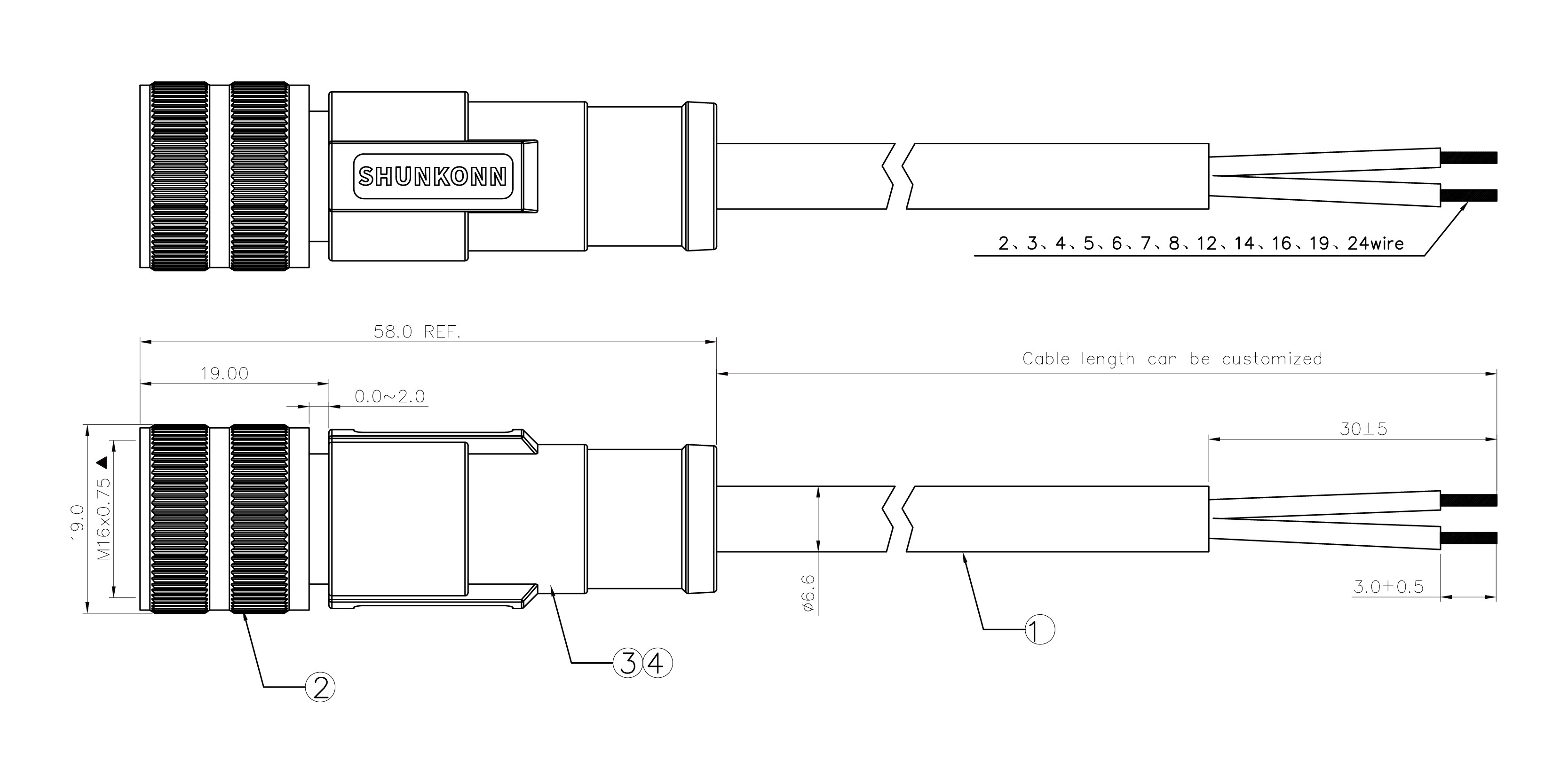 M16 Straight Male Cable Connector 2D