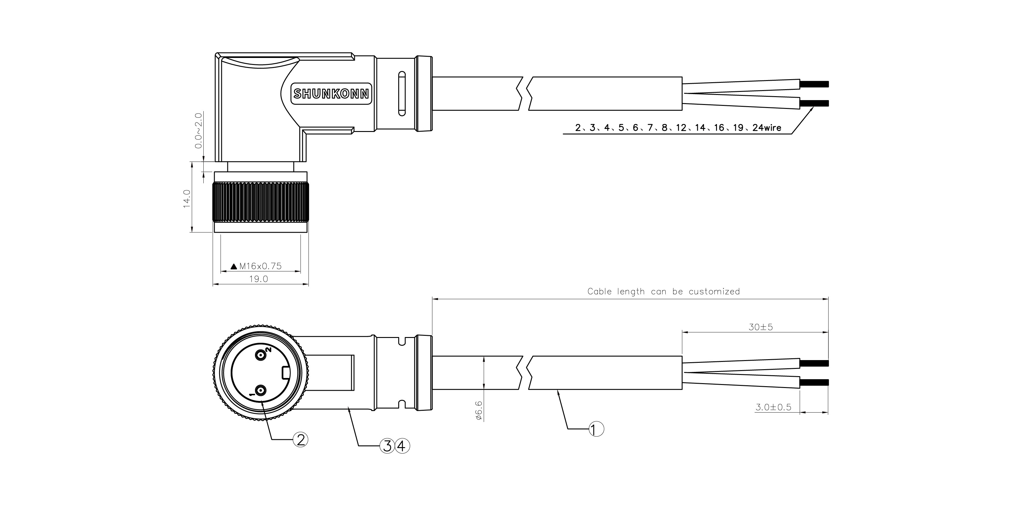M16 Right Angled Female Cable Connector 2D