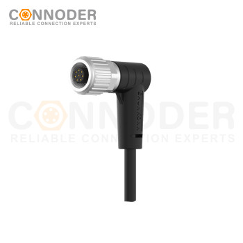 M9 Female Sensor Connecting-Right Angle Overmolded Cable,UL, PUR, black,Solder Connection
