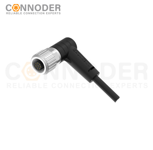 M9 Female Sensor Connecting-Right Angle Overmolded Cable,UL, PUR, black,Solder Connection