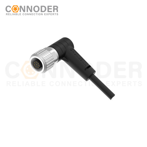 M9 Female Sensor Connecting-Right Angle Overmolded Cable,UL, PUR, black,Solder Connection