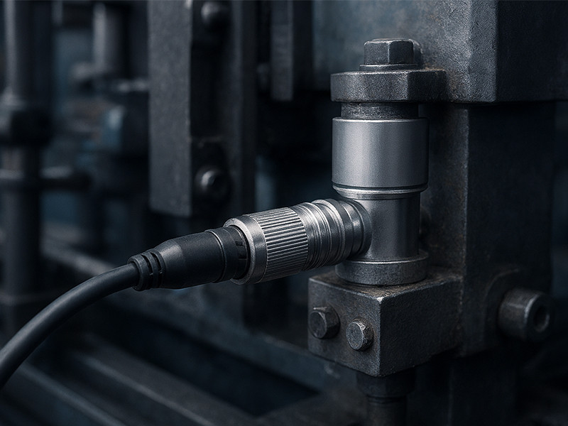 The M16 circular connector cable assembly is connected to the industrial sensors on the factory machines.