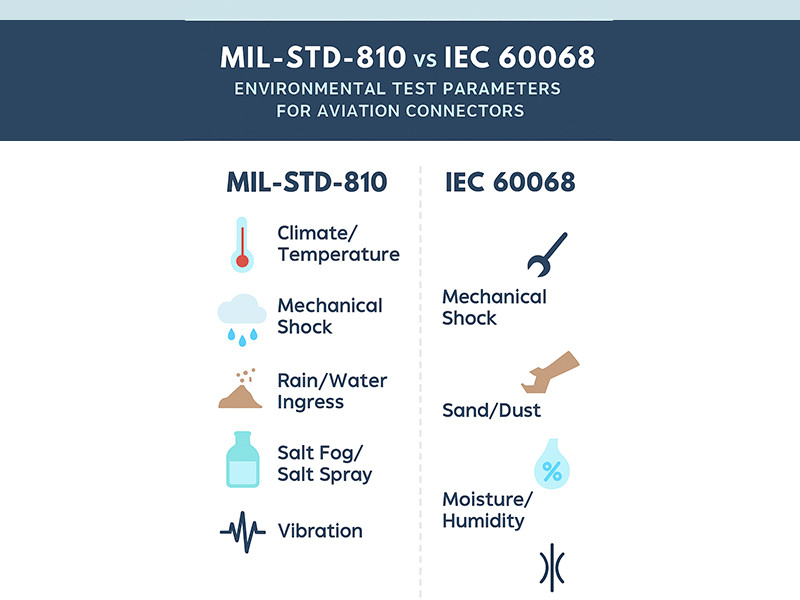 Chart comparing the environmental test parameters for aviation connectors in MIL-STD-810 and IEC 60068