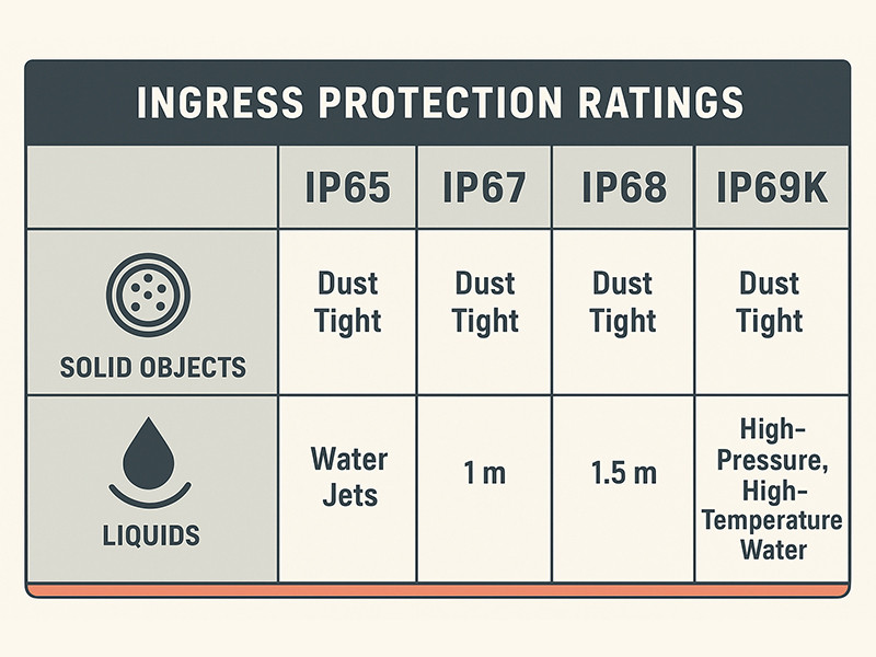 Comparison of IP65, IP67, IP68, and IP69K Protection Levels