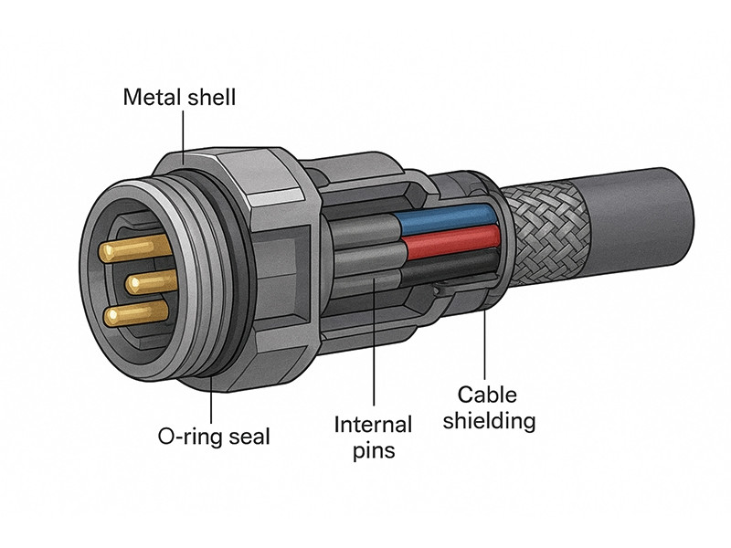Show the structure of the connector, including the housing, sealing ring (O-ring), pins, and shielding layer.