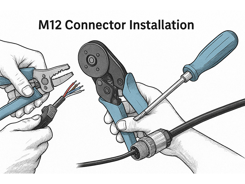 Torque screwdriver, wire stripper and wire crimping pliers are installing the M12 connector.