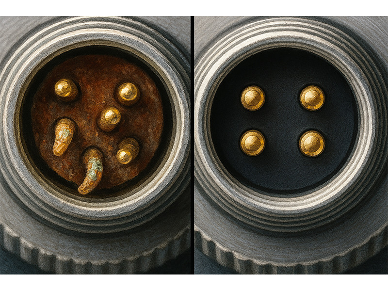 On one side, there is corrosion / bent needles causing poor contact; on the other side, there are clean and properly aligned pins.