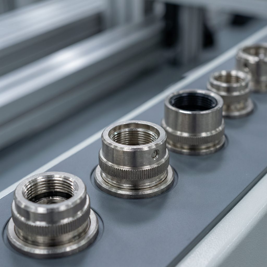 Metal circular industrial connectors mounted on a machine control panel
