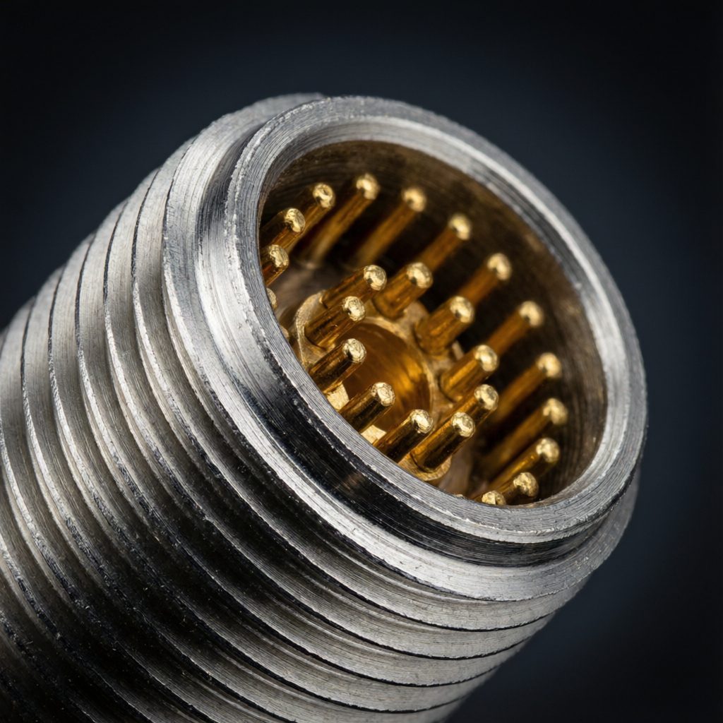 Macro view of a threaded metal circular connector with gold-plated pins