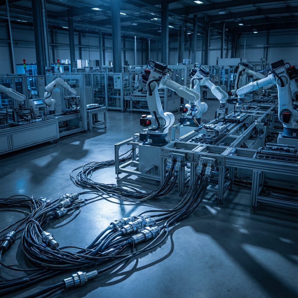 Automated smart factory with robotic arms and industrial cable connectors