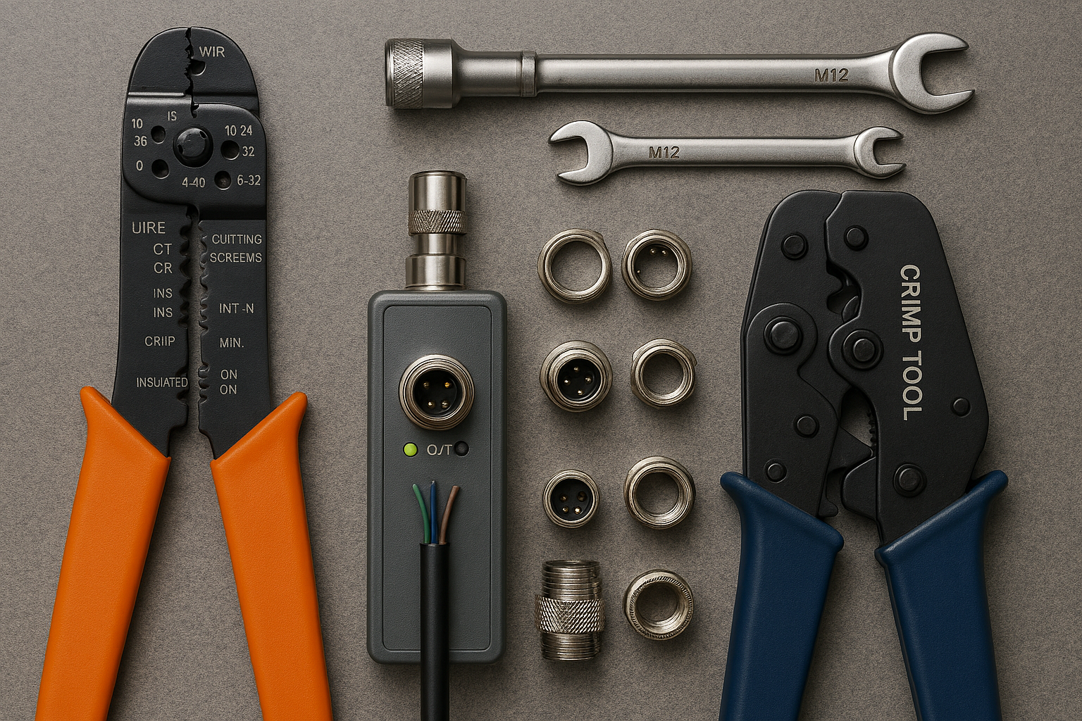 Tools for M12 connector assembly including torque wrench and crimp tool