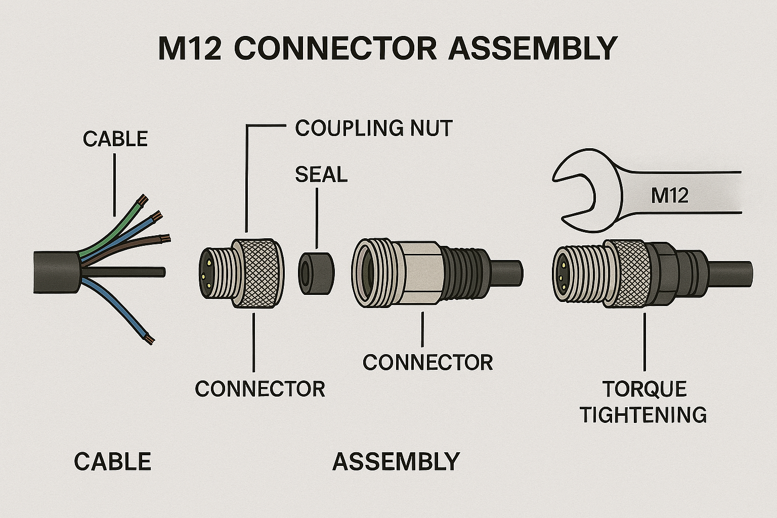 Step-by-step M12 connector assembly diagram showing cable prep and torque