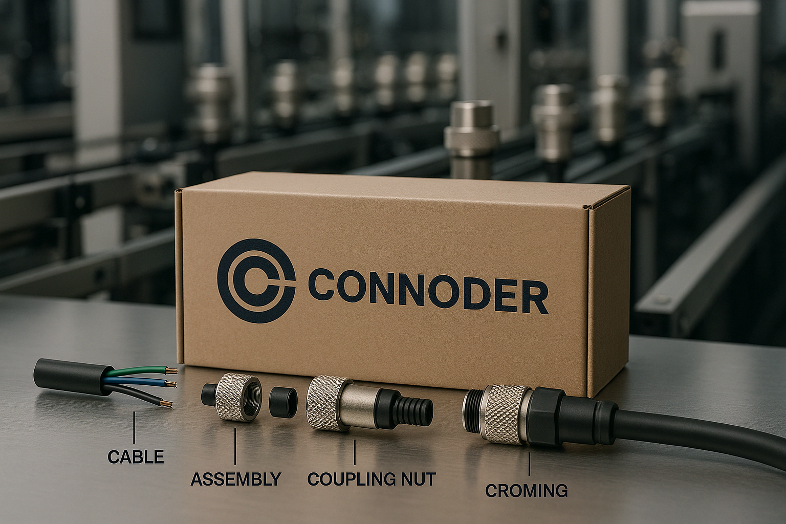 Connoder branded M12 connectors and packaging